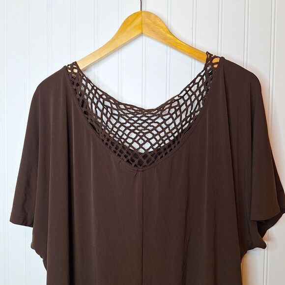 Cato Woman Size 22/24W Tunic Top Brown Crochet Back Neckline Relaxed‎ Stretch - Picture 3 of 11